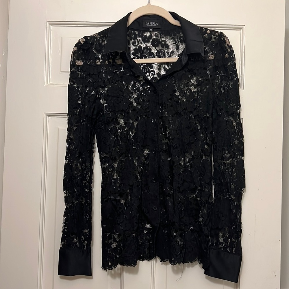 La Perla fine lace button up blouse with silk collar and cuffs